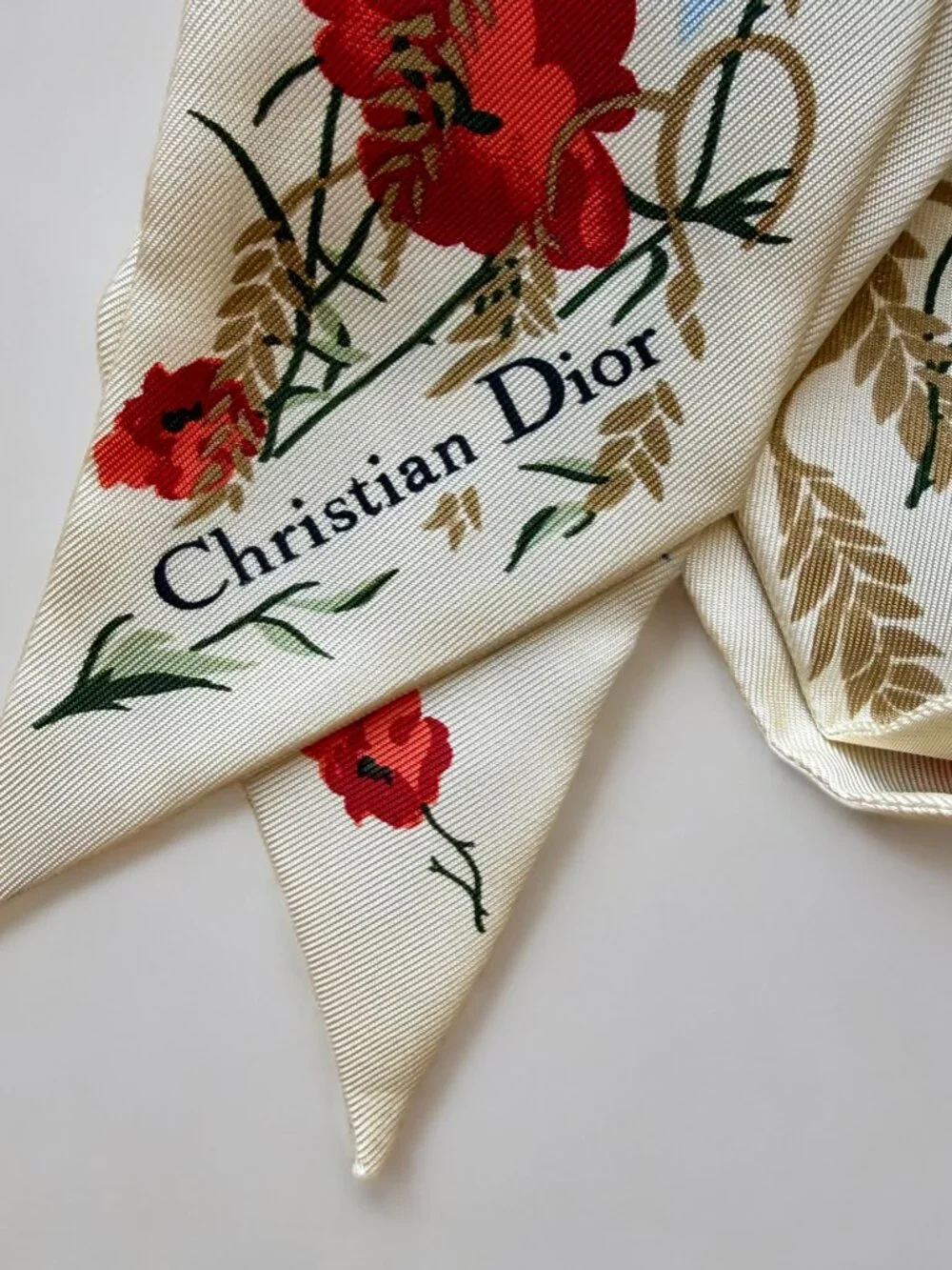 Christian Dior Ivory Red Blue Floral Botanical Silk Mitzah Scarf